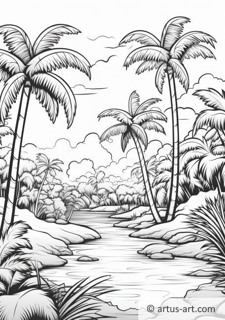 Página para colorir de oásis com palmeiras